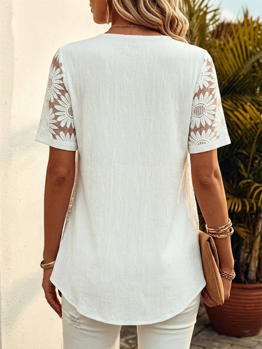 Faux-layered Top Featuring Patterned Lace, Mesh, And Cut-out Detailing.