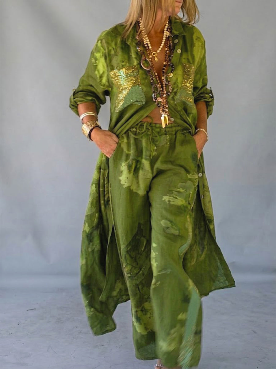 Casual, Loose-fitting Two-piece Set Featuring A Long Shirt And Trousers, Crafted From A Linen-cotton Blend With Printed, Sequined, And Spliced detailing.