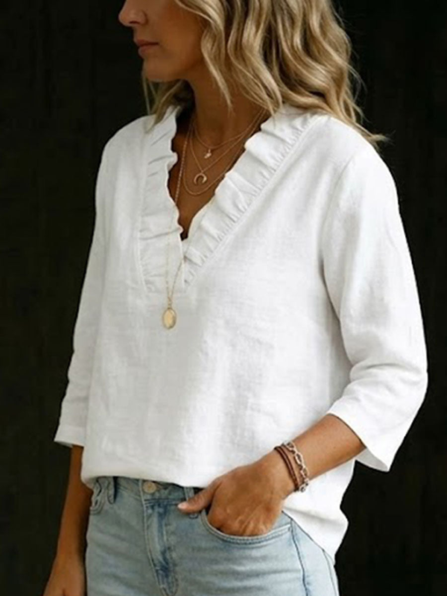 Women's Vintage Ruffled Cotton-linen Shirt