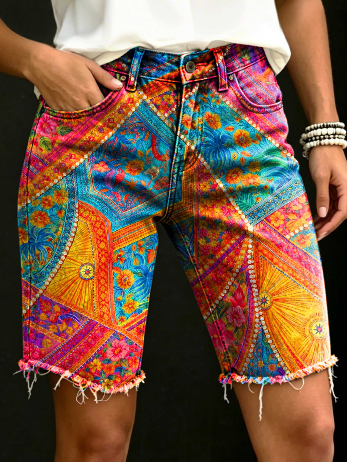 Women's Floral Art Print Casual Denim Shorts