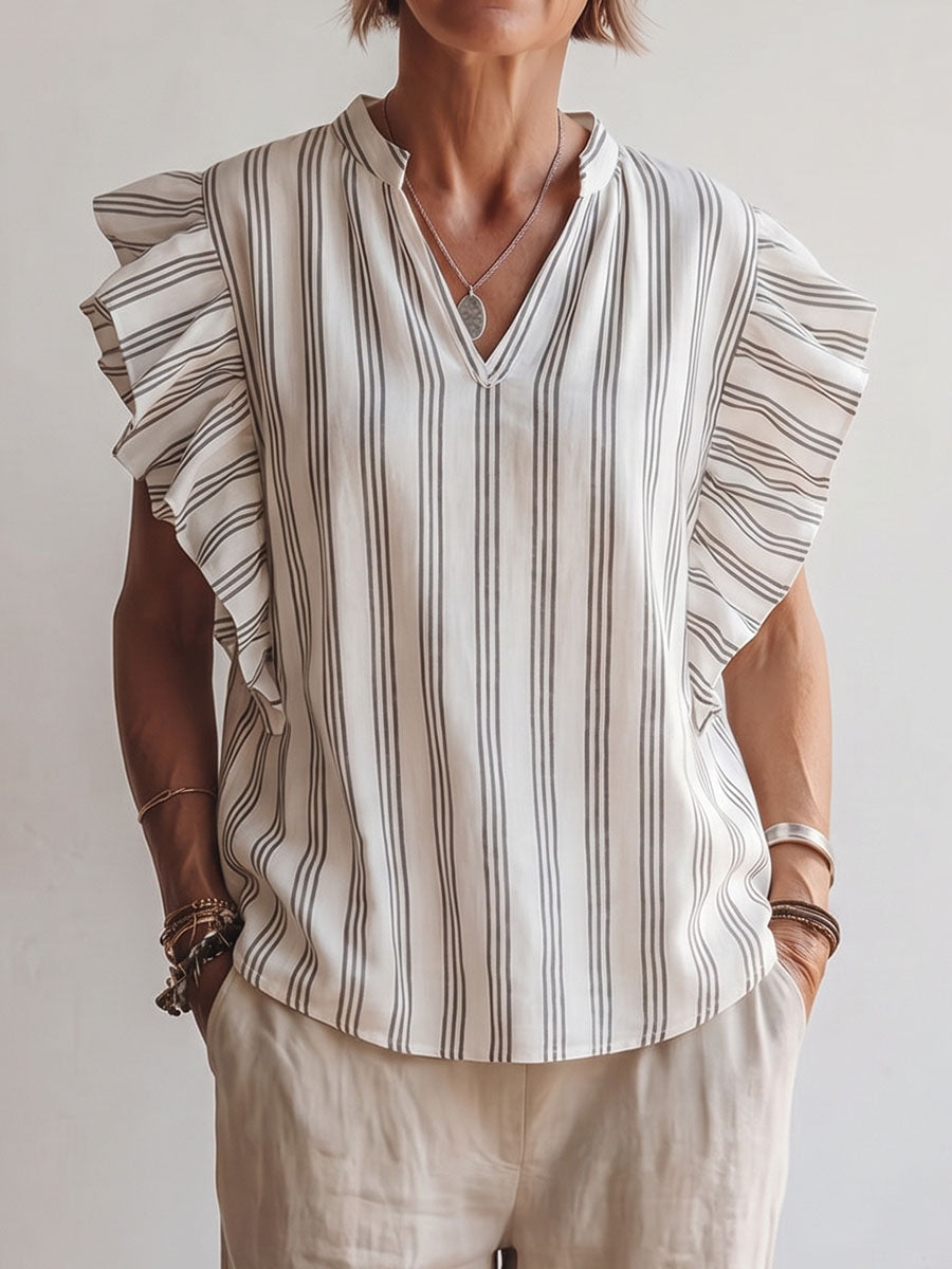 Women's Striped Print V-neck Sleeveless Casual Loose Cotton-linen Top