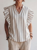 Women's Striped Print V-neck Sleeveless Casual Loose Cotton-linen Top