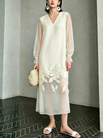 Women's Floral Pattern Art Casual Stylish Patchwork Sheer Long Sleeve Dress