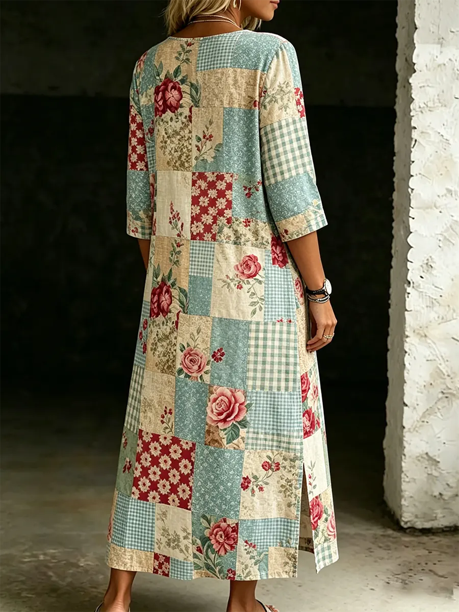 Women's Casual Retro Floral Print Cotton Linen Dress Round Neck And Side Slits