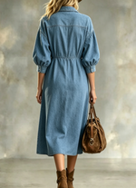 Women's Ruffle Denim Midi Dress - Puff Sleeve Button Down Western Jean Shirt Dress
