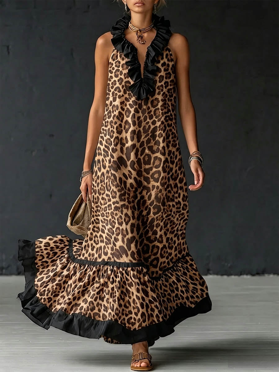Women's Leopard Print V-neck Sleeveless Casual Loose Cotton-linen Dress