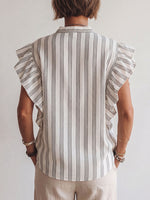 Women's Striped Print V-neck Sleeveless Casual Loose Cotton-linen Top