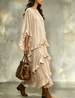 Women's Boho Crew Neck Tiered Ruffle Maxi Dress