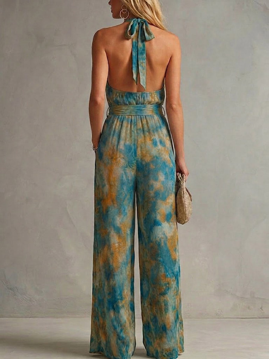 Women's Abstract Print V-neck Sleeveless Casual Loose Wide-leg Jumpsuit