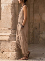 Women's Bohemian Pattern Printed Cotton-linen Sleeveless Jumpsuit
