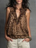 Chic And Casual Sleeveless Leopard-print Chiffon Top With A Half-zip.