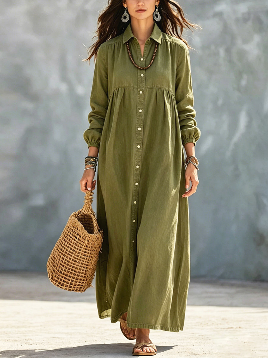 Women's Solid Color Art Casual Long Sleeve Cotton Linen Maxi Dress