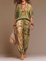 Women's Casual Satin Set: V-neck 3/4-sleeve Top With Placement Print & High-waisted Wide-leg Pants