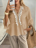 Women's V-neck Button Tassel Tie Top