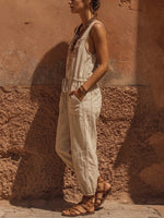 Women's Bohemian Floral Print Cotton-linen Sleeveless Jumpsuit