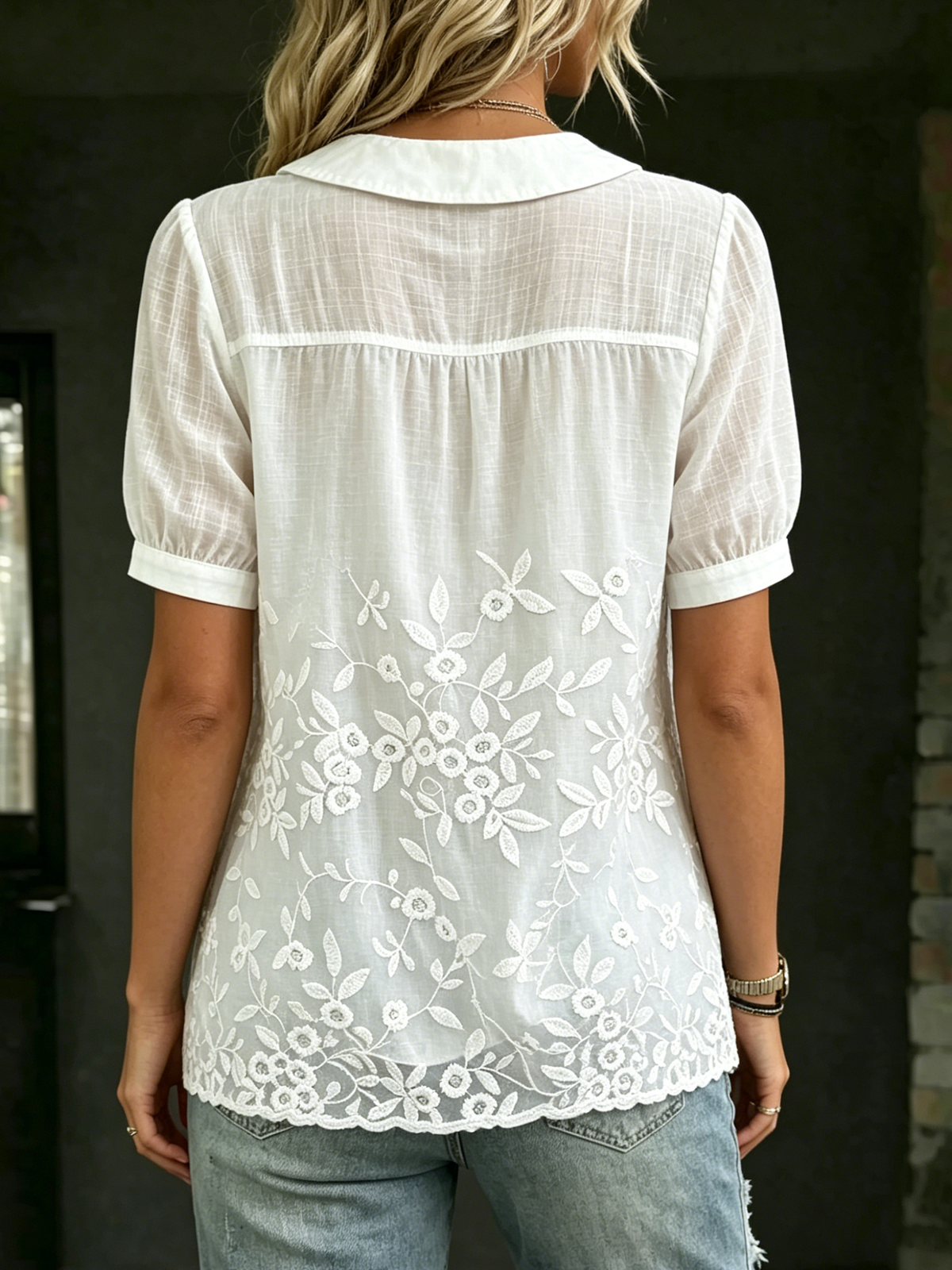 Women's Cotton-linen Blend Floral Peter Pan Collar Puff-sleeve Shirt