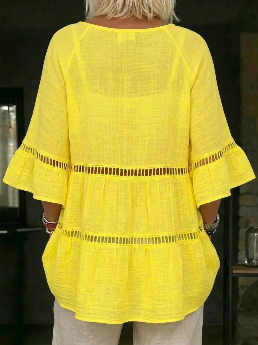 Women's Causal Loose Hollowed-out Webbing Ruffled Sleeves Linen-cotton Shirt