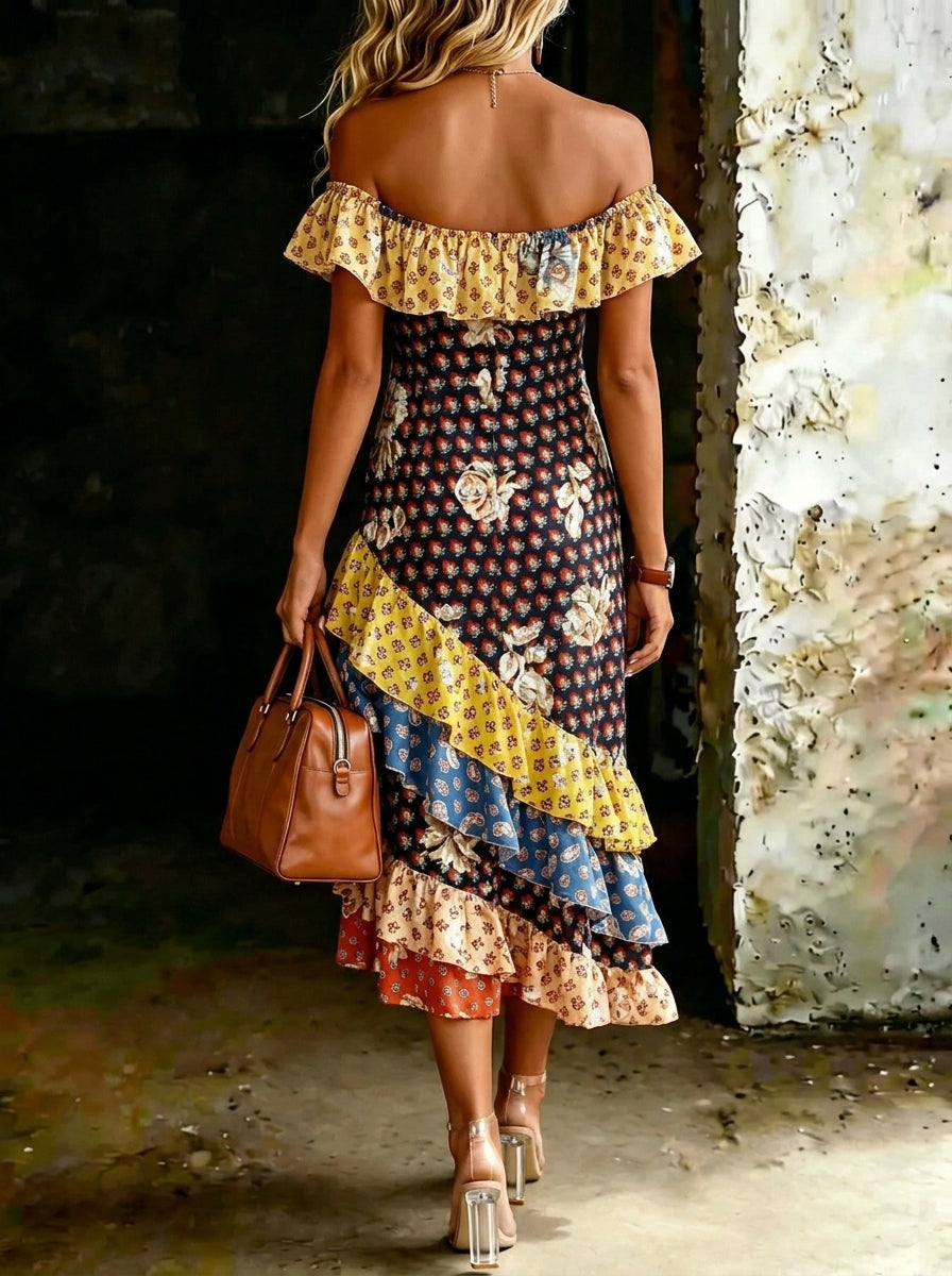 Women’s Stylish Multicolor Off-shoulder Ruffle Midi Dress
