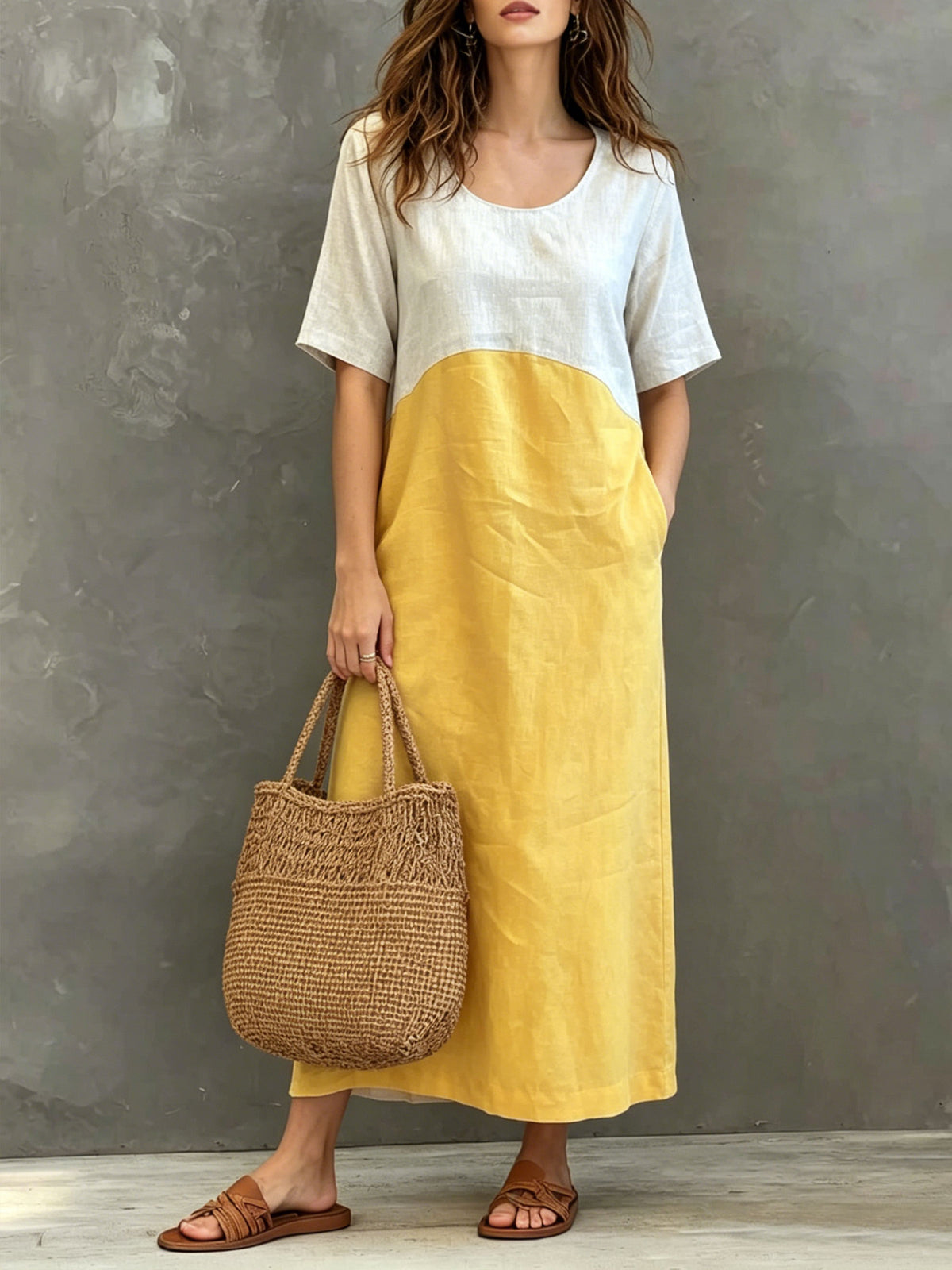 Women’s Color Block Round Neck Cotton Linen Casual Short Sleeve Maxi Dress