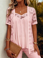 Faux-layered Top Featuring Patterned Lace, Mesh, And Cut-out Detailing.