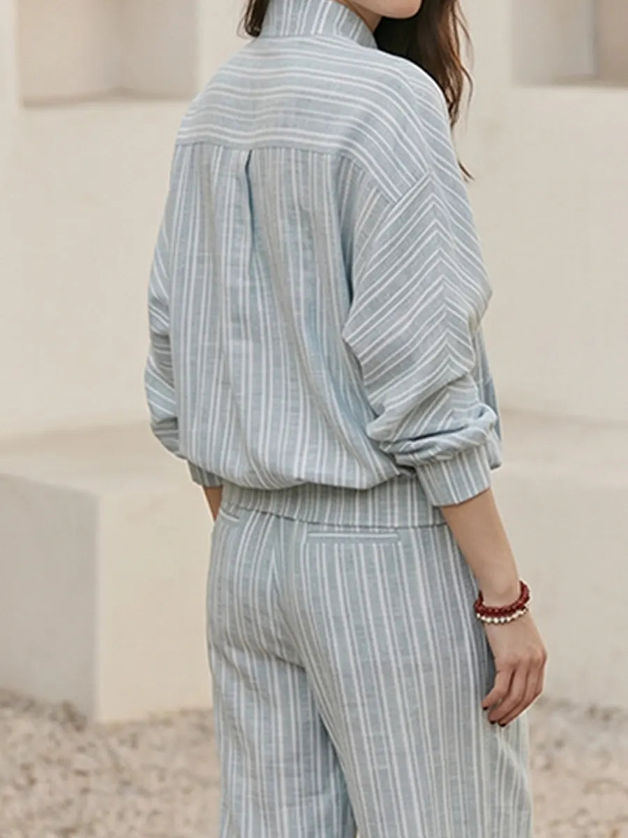Striped Linen-cotton Rerlaxed Shirt & Wide-leg Pants Setstriped Linen-cotton Relaxed Shirt & Wide-leg Pants Set – Minimal Stand Collar Lounge Suit