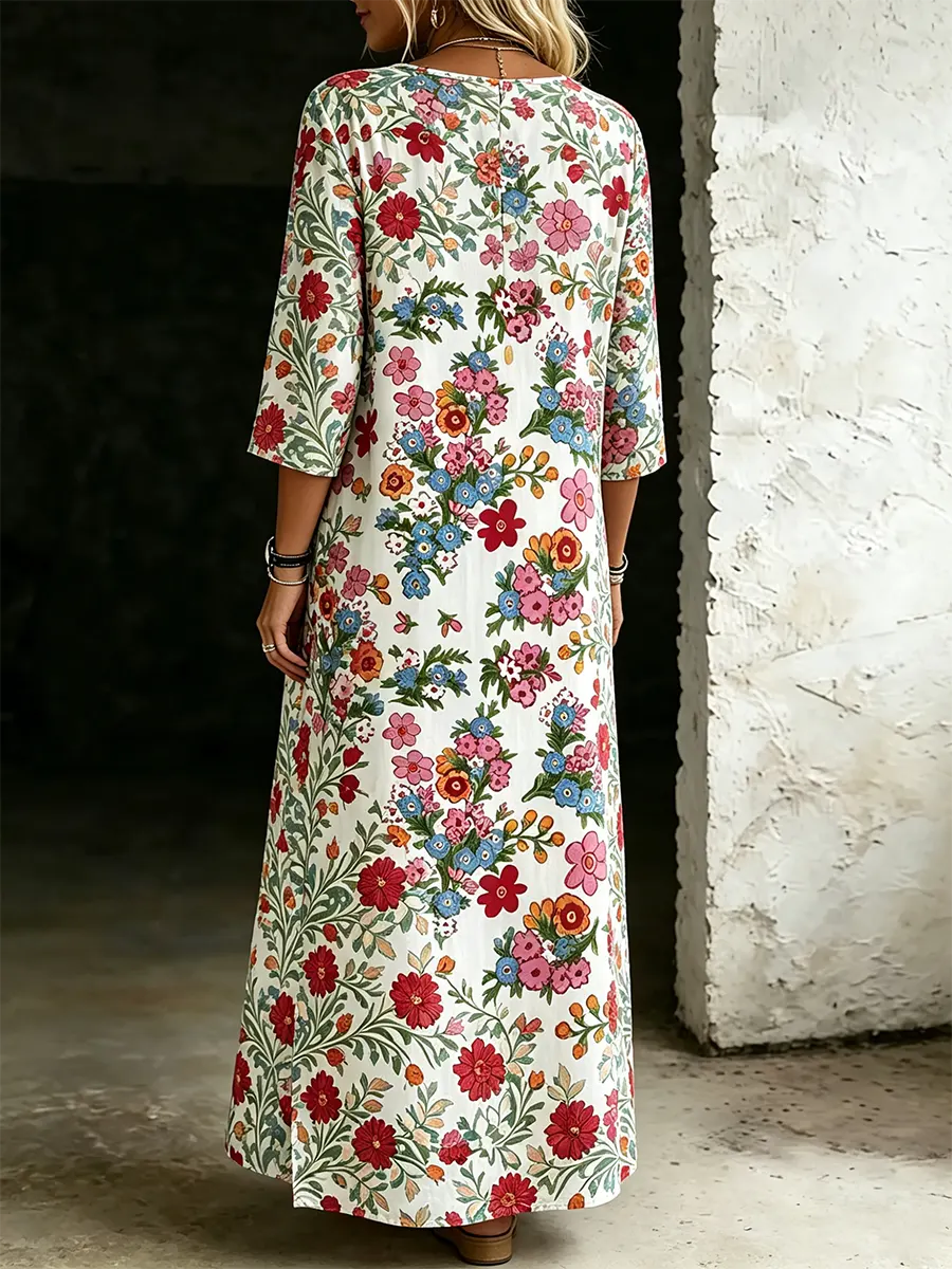 Women's Casual Retro Floral Print Cotton Linen Dress Round Neck And Side Slits
