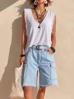 Women's Solid Color V-neck Sleeveless Casual Loose Cotton-linen Top