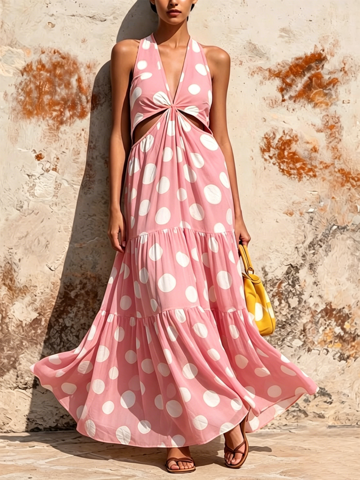 Polka-dot Halter-neck Deep-v Maxi Dress With A Knotted Cutout And Tiered Ruffles.