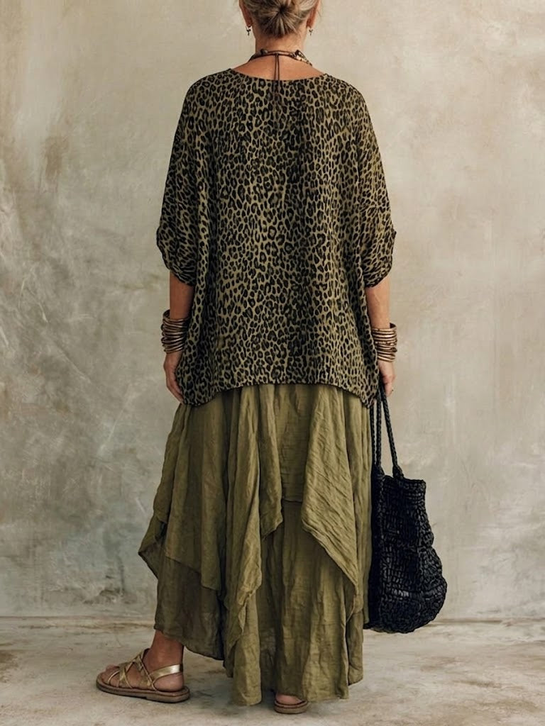 Women's Leopard Print Blouse With Irregular Hem Half Skirt Cotton And Linen Set