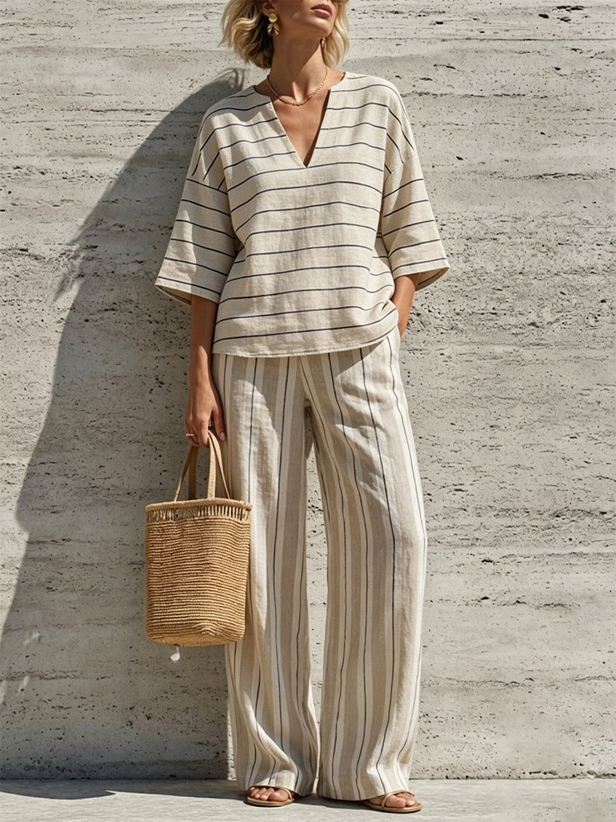 Cotton-linen Two-piece Set Featuring A Horizontal-striped Top And Vertical-striped Wide-leg Trousers With An Elastic Waist, Small V-neck, And Three-quarter Sleeves.