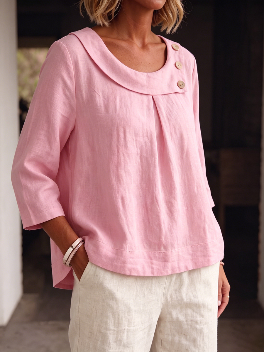 Breathable Cotton-linen Shirt With Soft-fold Neckline (lagenlook Style)