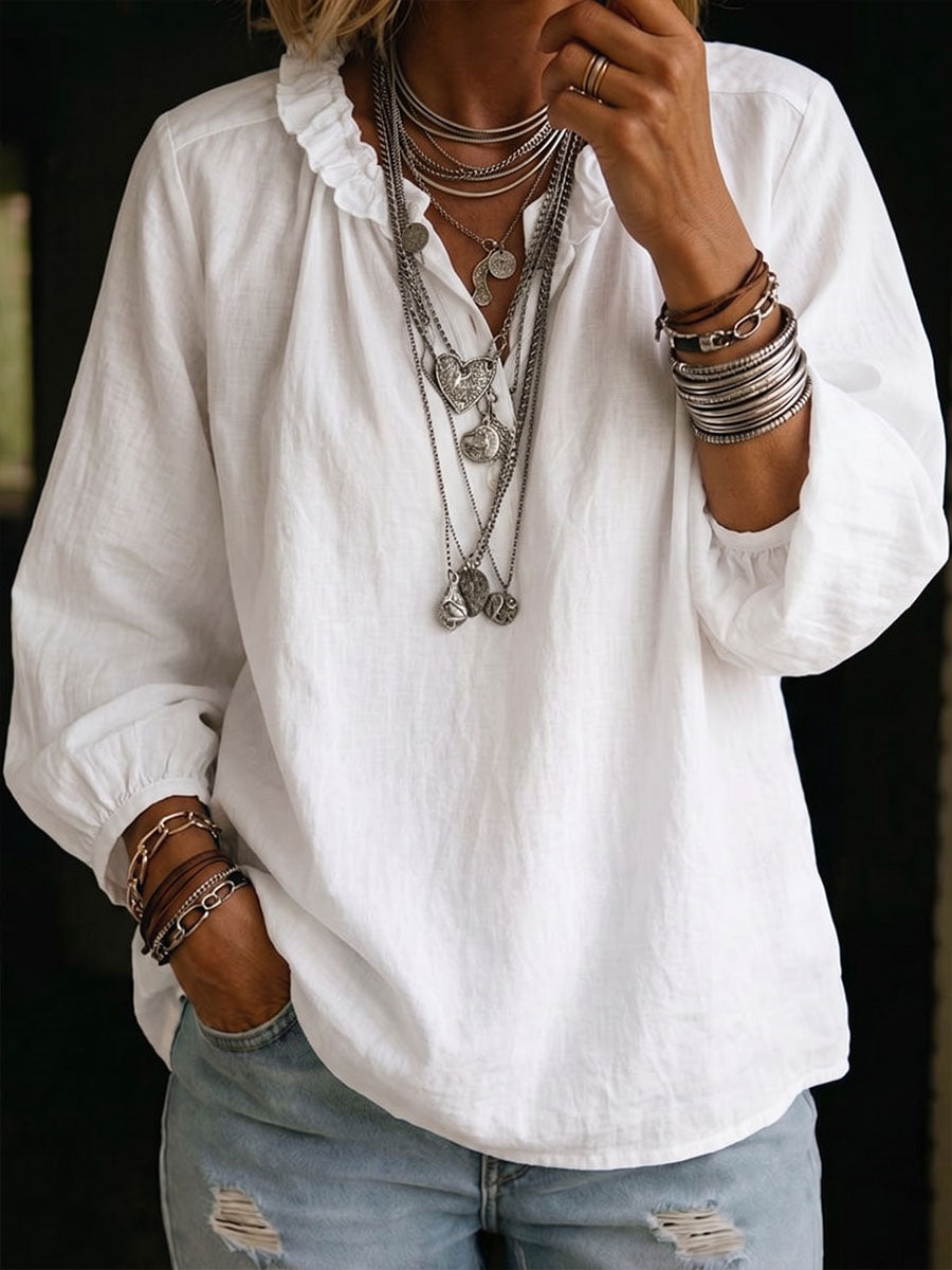 Women's Solid Color Crew Neck Long-sleeve Loose-fit Cotton-linen Casual Top