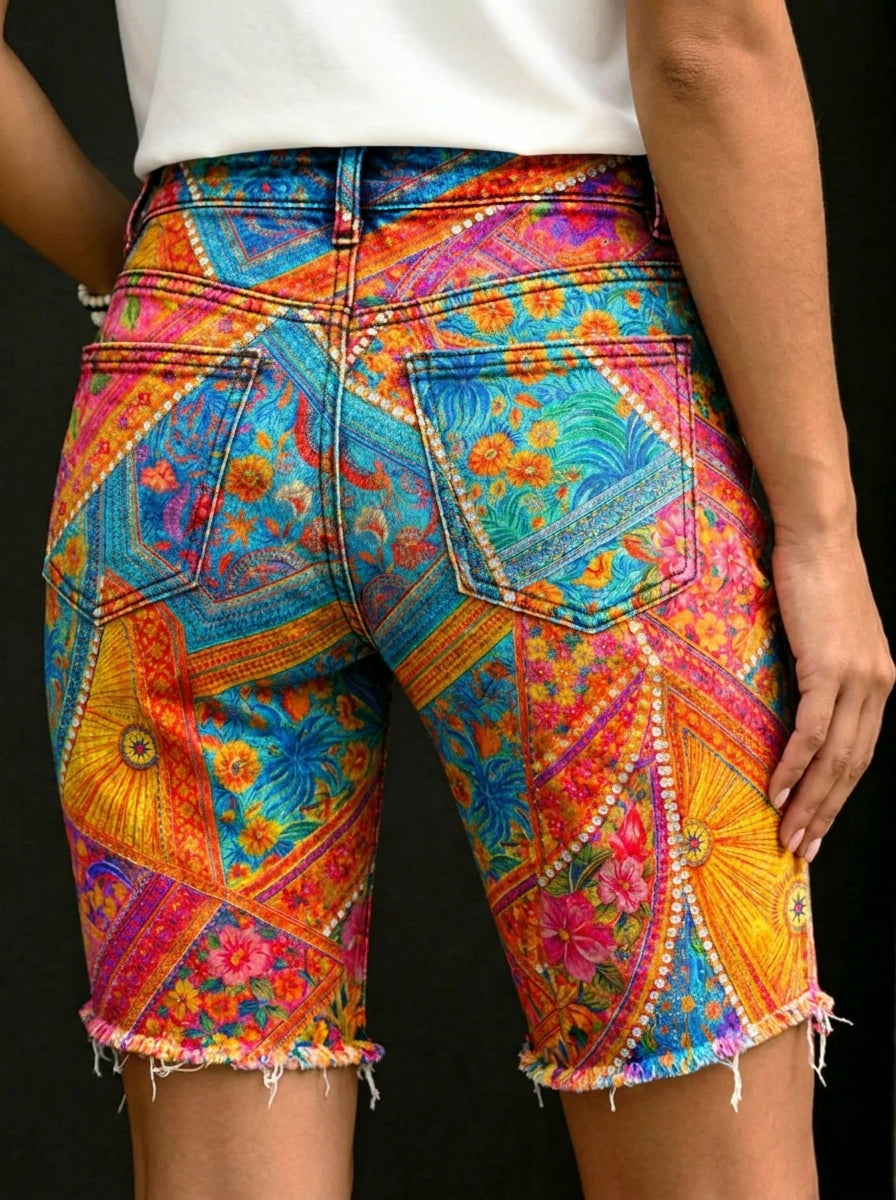 Women's Floral Art Print Casual Denim Shorts