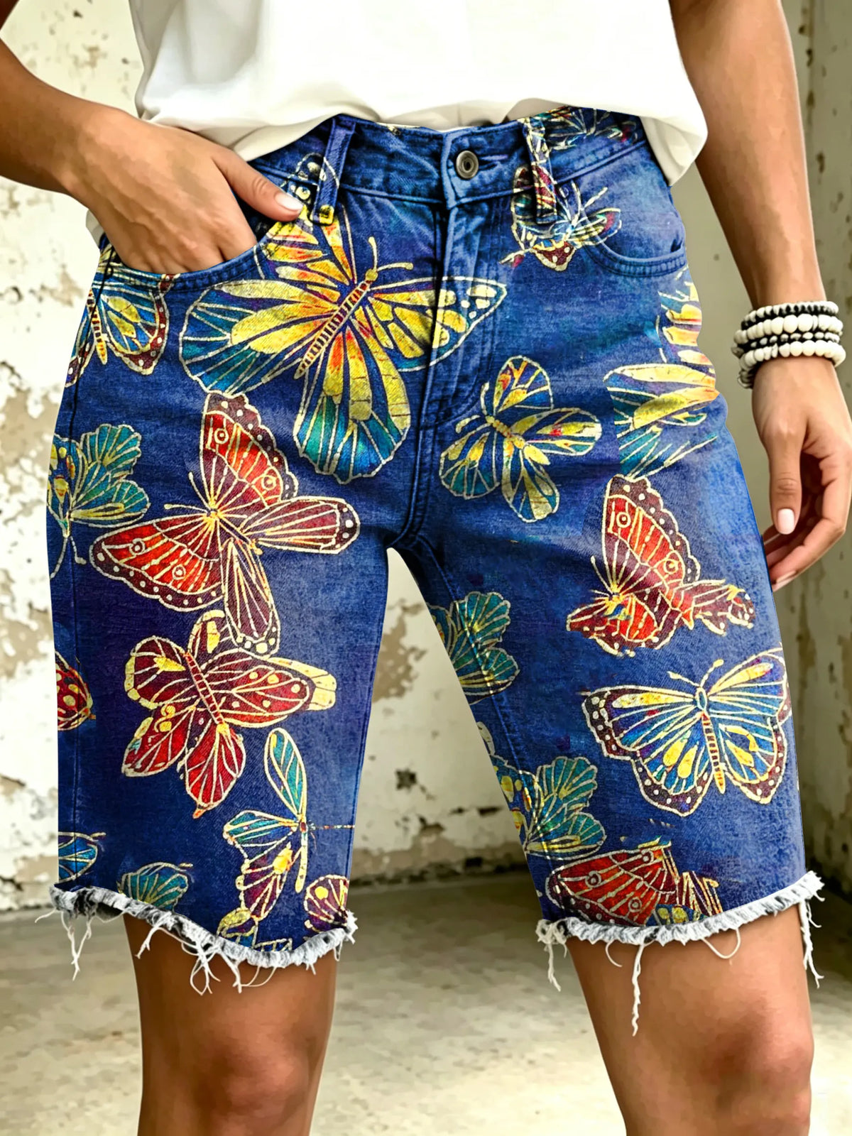 Women's Vividly Multicolor Butterfly Totem Art Print Casual Denim Shorts