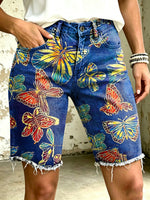 Women's Vividly Multicolor Butterfly Totem Art Print Casual Denim Shorts