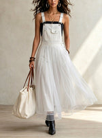 Women’s Bohemian White Tulle Overall Adjustable Straps & Pockets Midi Dress