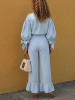Women's Minimalist Two-piece Set: Tie-detail Shirt And Ruffled Trousers.