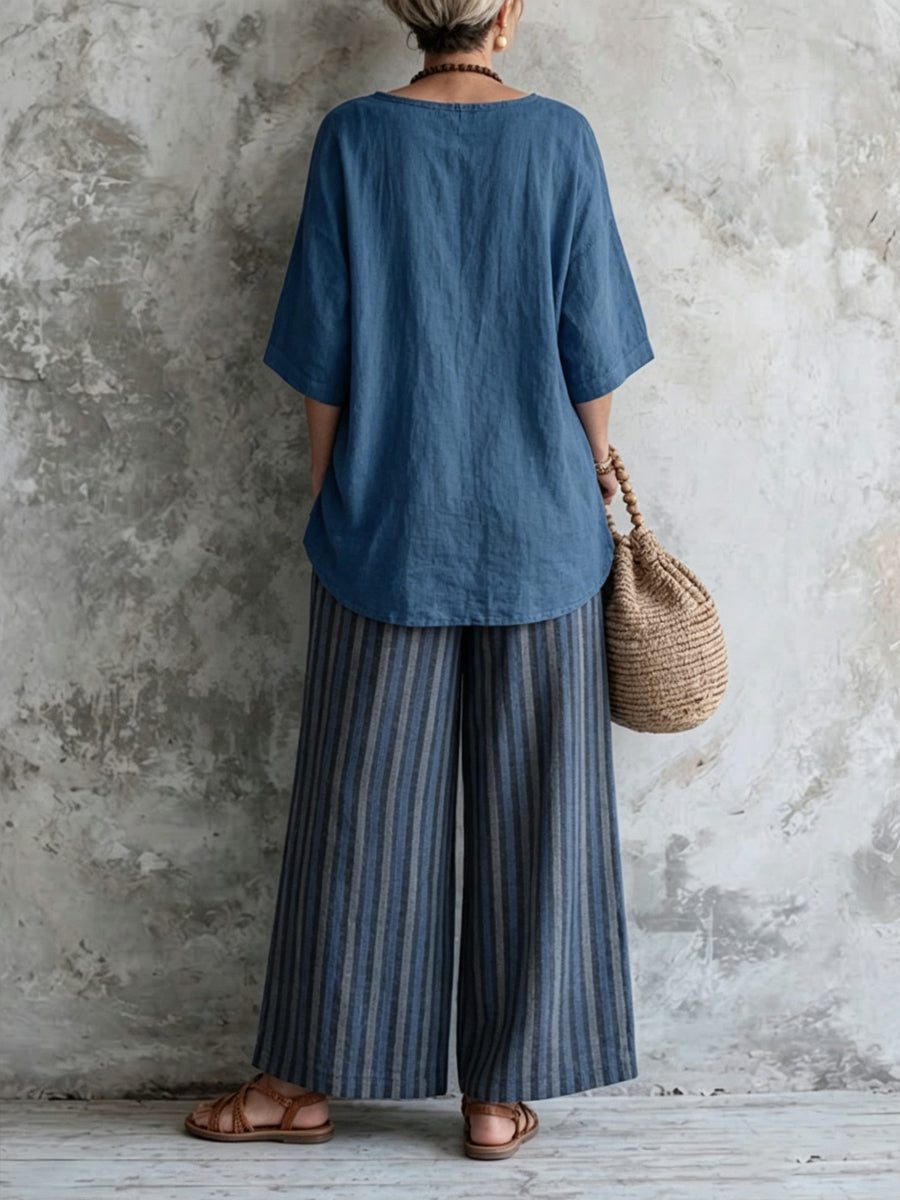 Women's Blue Tone Cotton-linen Casual Striped Set