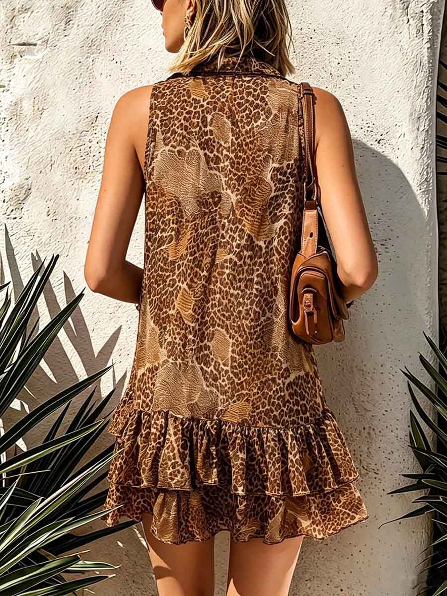 Women's Abstract Print V-neck Sleeveless Casual Loose Chiffon Dress