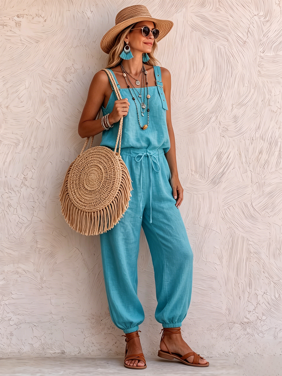 Boho-style Turquoise Shoulder Straps Jumpsuit