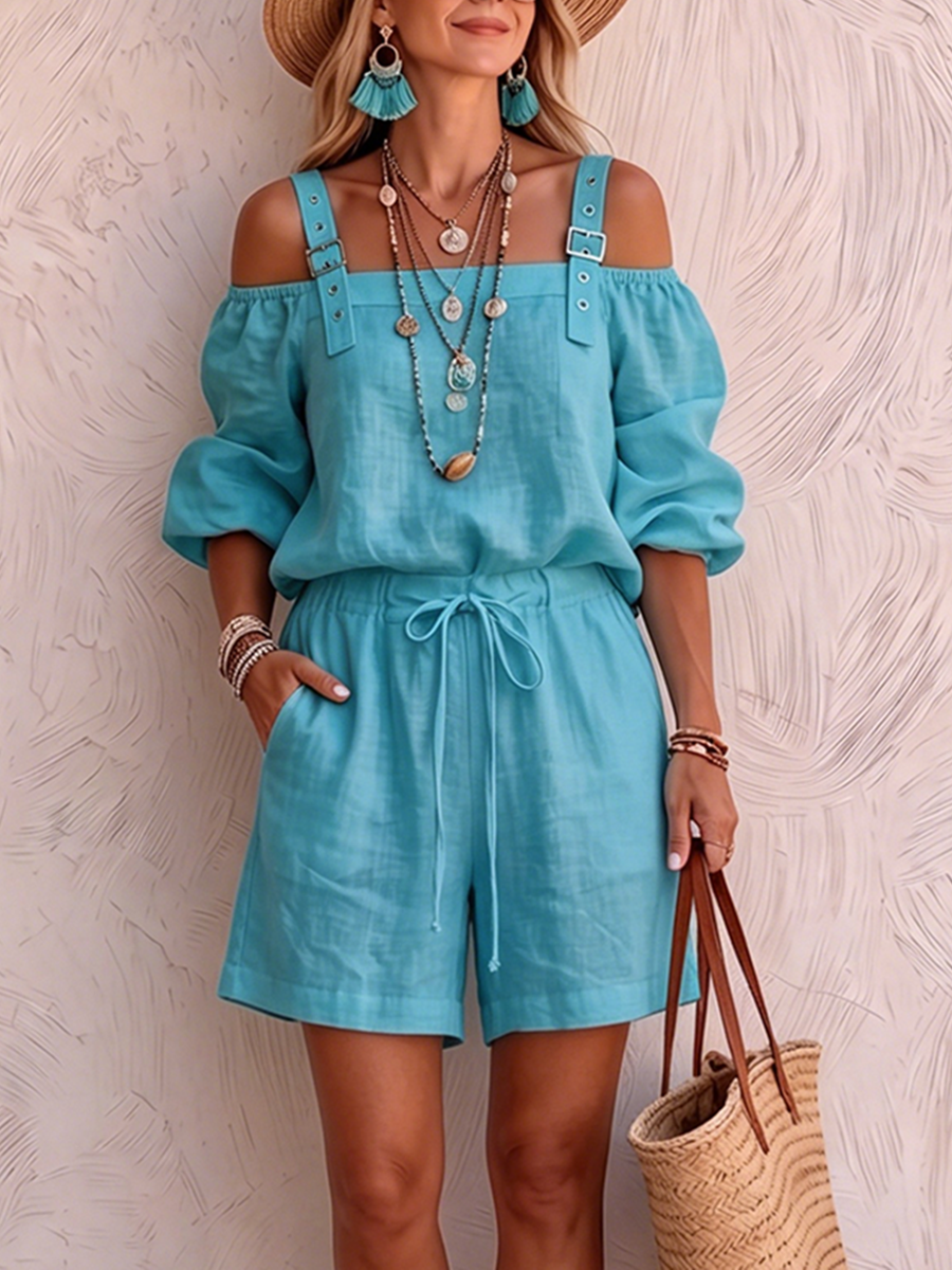 Boho-style Turquoise Romper With Shoulder Straps