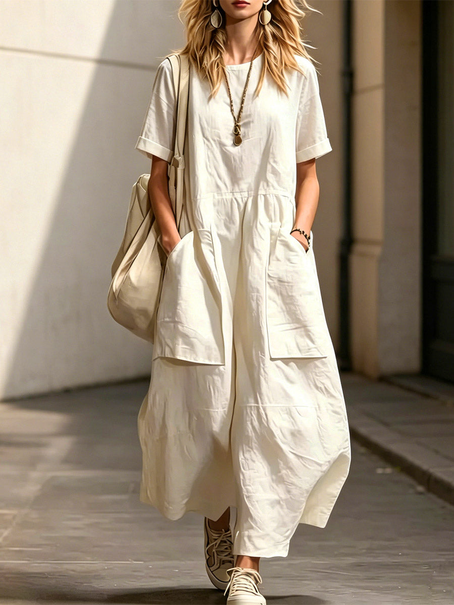 Women's Art Casual Stylish Elegant Short Sleeve Cotton Linen Jumpsuit