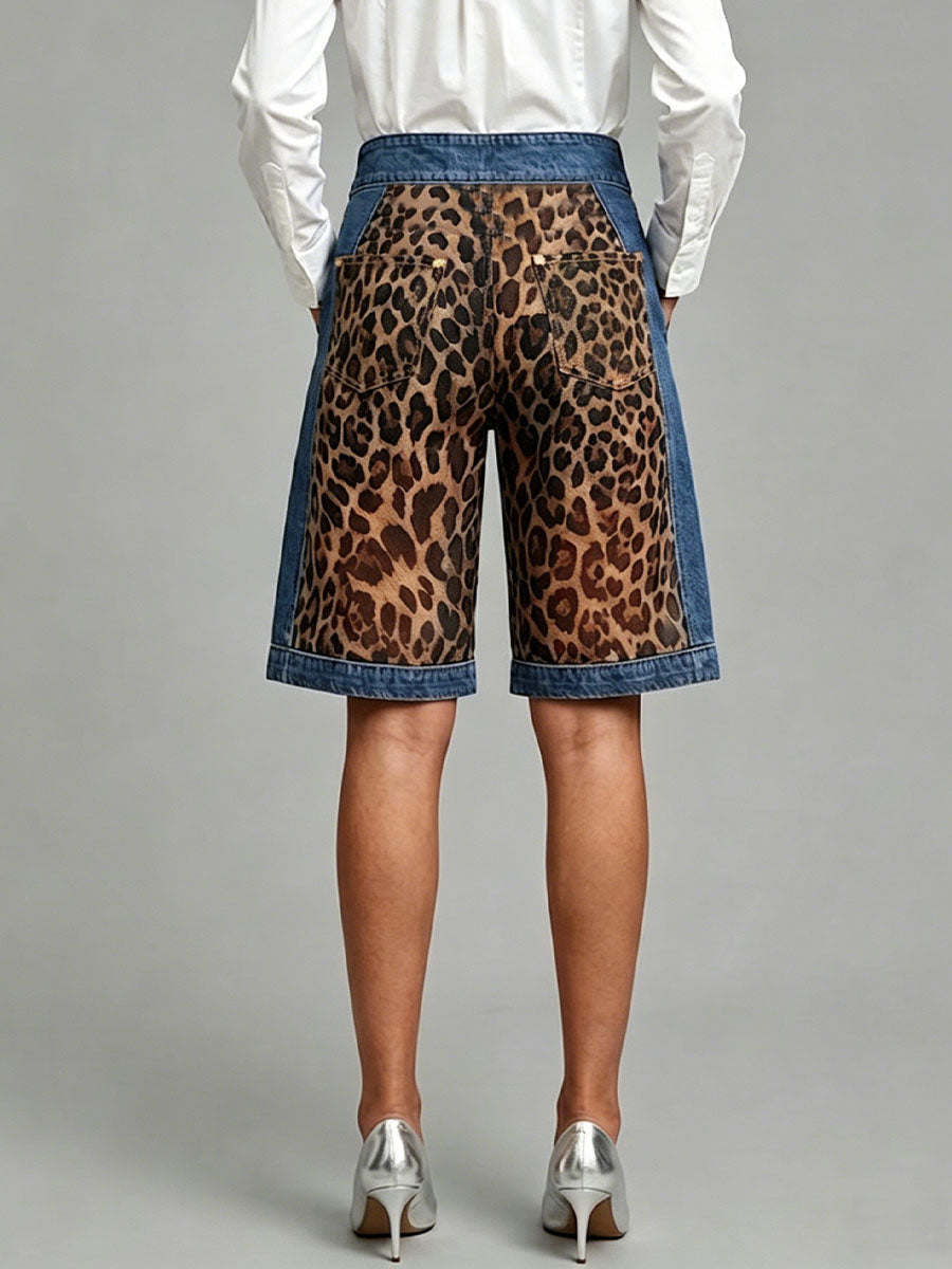 Women's High-waisted Leopard Print Casual Loose Denim-paneled Wide-leg Shorts