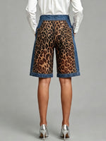 Women's High-waisted Leopard Print Casual Loose Denim-paneled Wide-leg Shorts