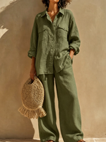 Two-piece Set Featuring A Loose-fit, Long-sleeved Cotton-linen Shirt With A Collar And Dual Patch Pockets, Paired With High-waisted Wide-leg Trousers.