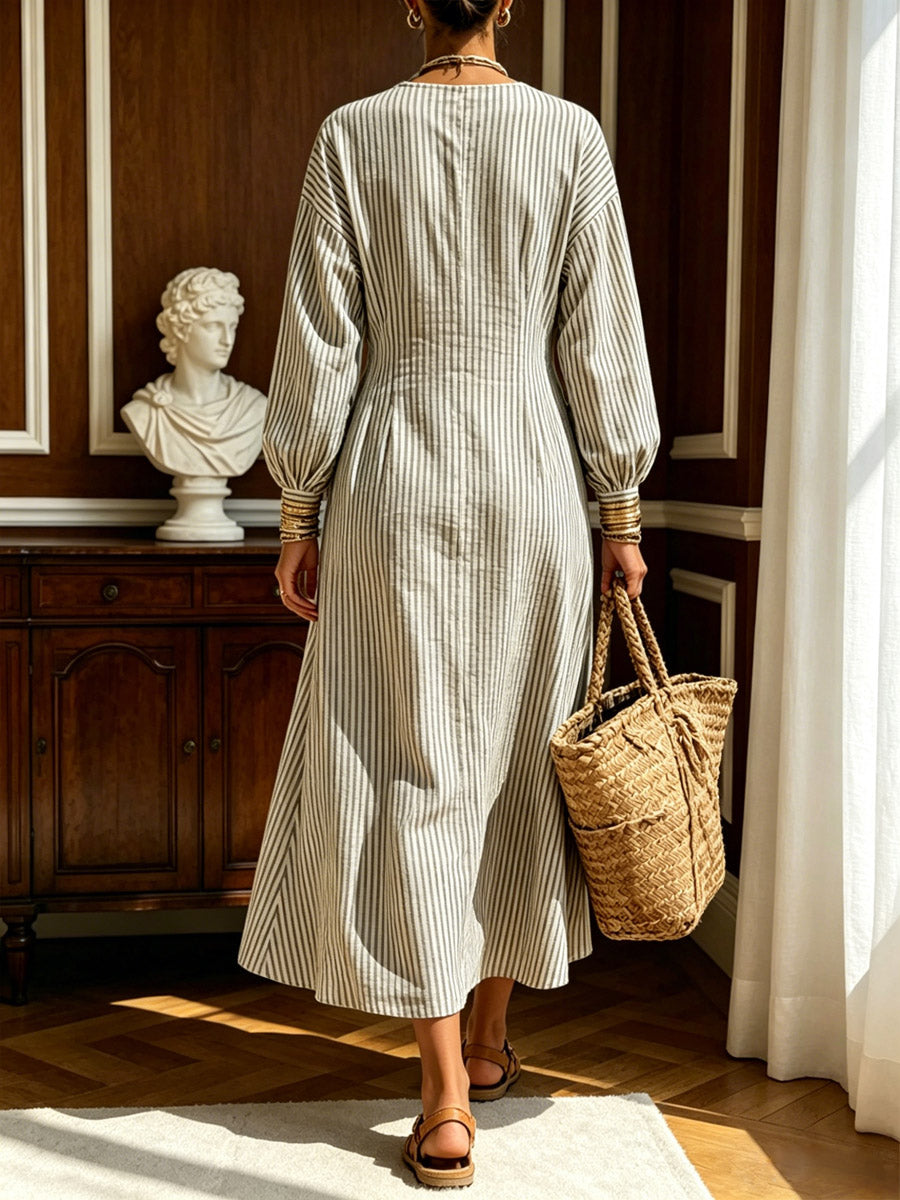 Women's Retro Striped Art Casual Long Sleeve Cotton Linen Maxi Dress