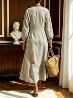 Women's Retro Striped Art Casual Long Sleeve Cotton Linen Maxi Dress