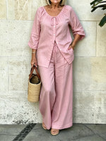 Women's Drawstring Button Top And Loose Casual Pants Two-piece Set