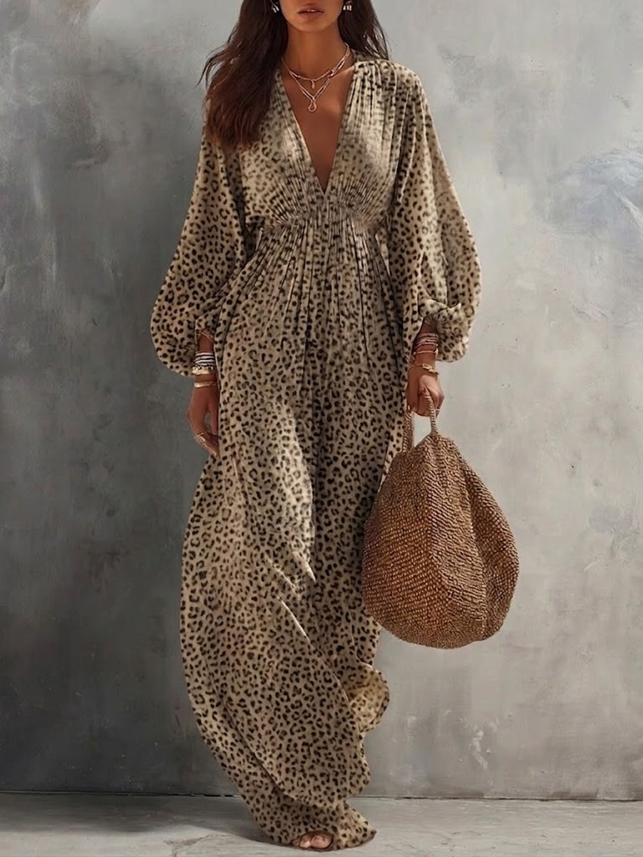 Women's Cinched Waist V-neck Leopard Print Long Dress