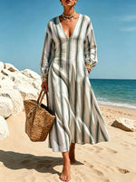 Women's Retro Striped Art Casual Long Sleeve Cotton Linen Maxi Dress